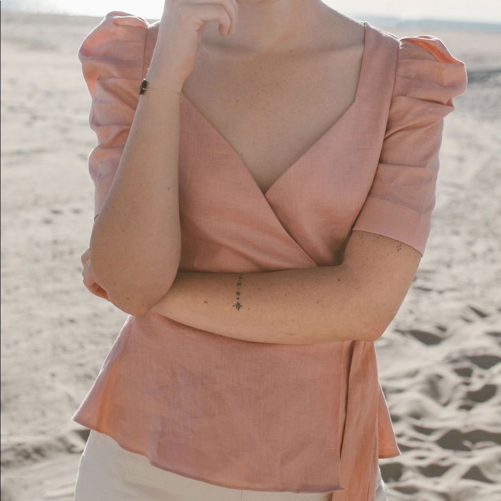 Puff-Sleeve Wrap Blouse in Dusty Peach